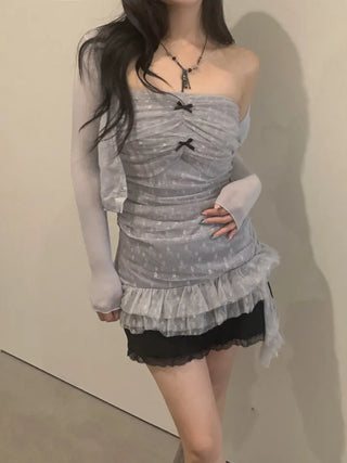 Triple shirring ribbon long tube top