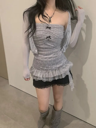 Triple shirring ribbon long tube top