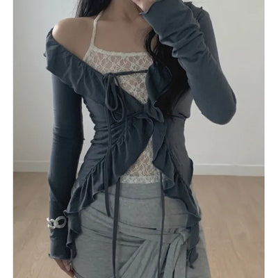 Blanc Strap Ruffle Long Cardigan
