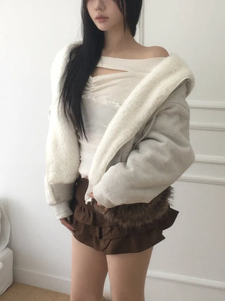Rivet knit fur hooded zip-up