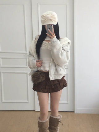 Rivet knit fur hooded zip-up
