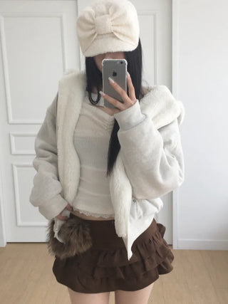 Rivet knit fur hooded zip-up