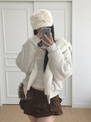 Rivet knit fur hooded zip-up