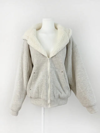 Rivet knit fur hooded zip-up