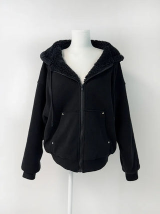 Rivet knit fur hooded zip-up