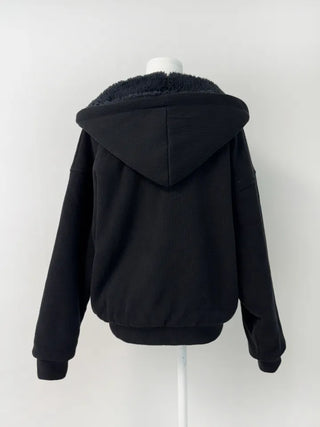 Rivet knit fur hooded zip-up