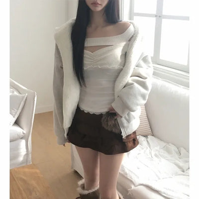 Rivet knit fur hooded zip-up