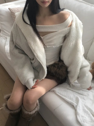 Rivet knit fur hooded zip-up