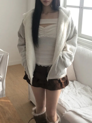 Rivet knit fur hooded zip-up