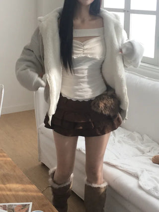 Rivet knit fur hooded zip-up