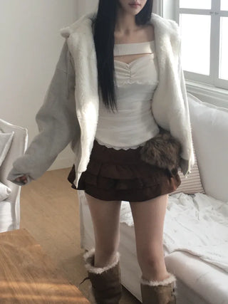 Rivet knit fur hooded zip-up