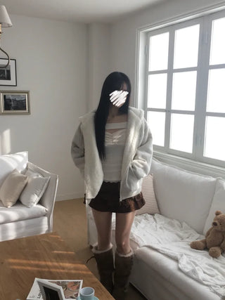 Rivet knit fur hooded zip-up