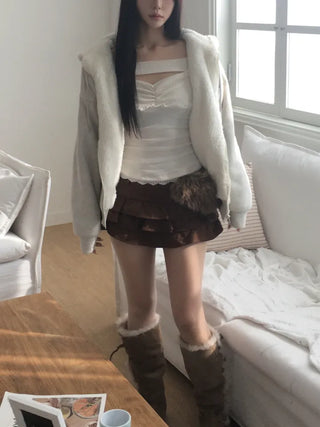 Rivet knit fur hooded zip-up