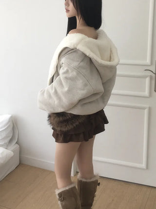 Rivet knit fur hooded zip-up
