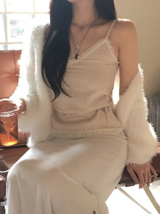Lace Strap Velvet Long Sleeveless