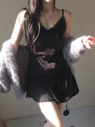 Lace Strap Velvet Long Sleeveless