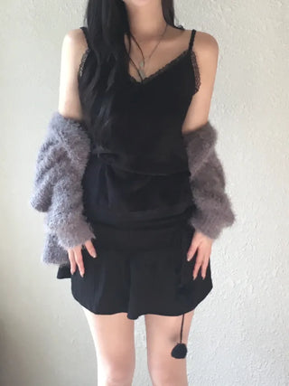 Lace Strap Velvet Long Sleeveless
