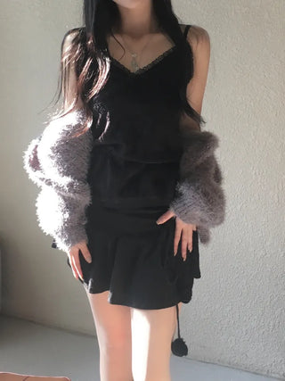 Lace Strap Velvet Long Sleeveless