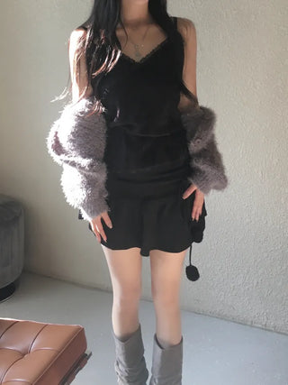 Lace Strap Velvet Long Sleeveless
