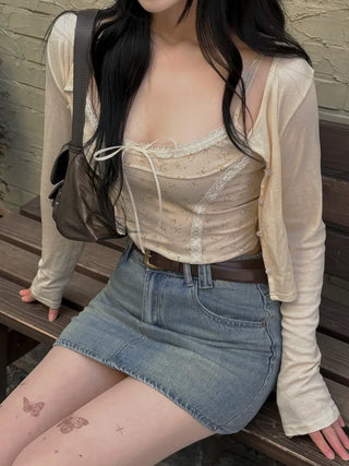 Ribbon Flower Lace Crop Nashi Cardigan