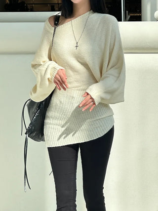 Loose knit gaori off-shoulder one-piece dress