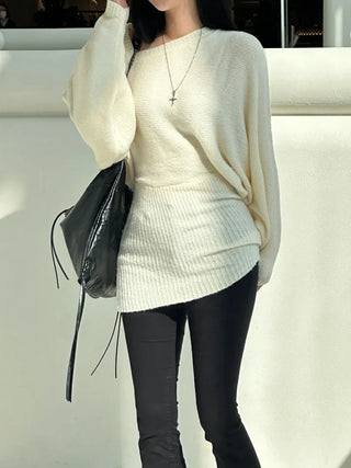 Loose knit gaori off-shoulder one-piece dress