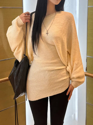 Loose knit gaori off-shoulder one-piece dress