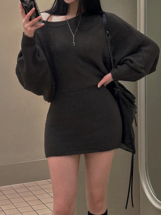 Loose knit gaori off-shoulder one-piece dress