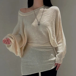 Loose knit gaori off-shoulder one-piece dress