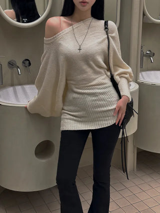 Loose knit gaori off-shoulder one-piece dress