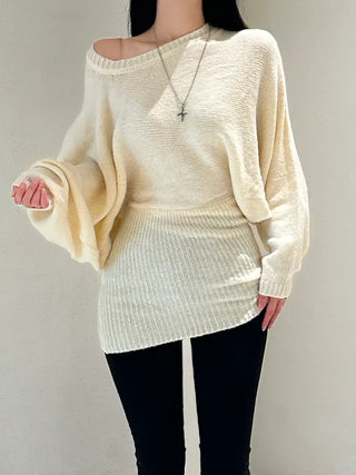 Loose knit gaori off-shoulder one-piece dress