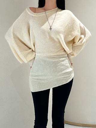Loose knit gaori off-shoulder one-piece dress