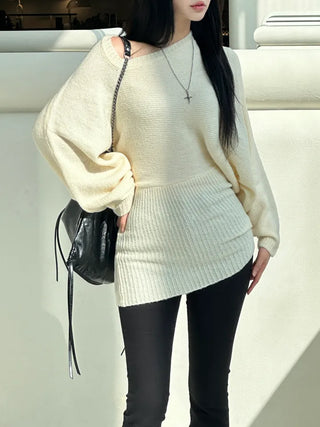 Loose knit gaori off-shoulder one-piece dress