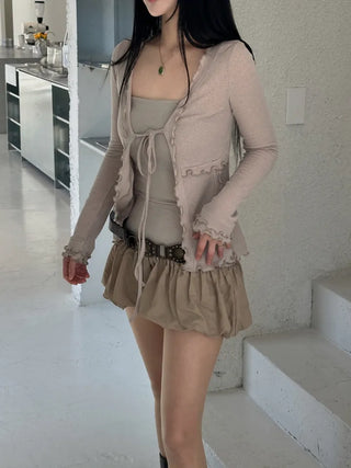 Ravioli Frill Strap Open Cardigan
