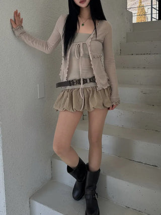 Ravioli Frill Strap Open Cardigan