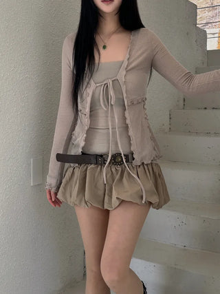 Ravioli Frill Strap Open Cardigan