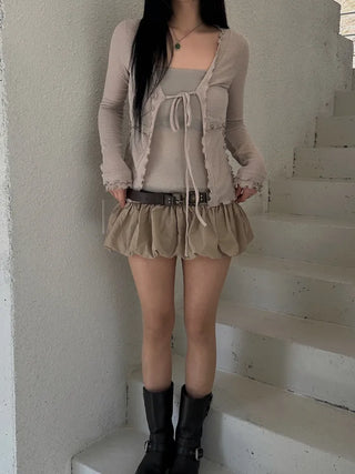Ravioli Frill Strap Open Cardigan