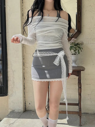 Sheer shirring back ribbon off-shoulder long-sleeved T-shirt