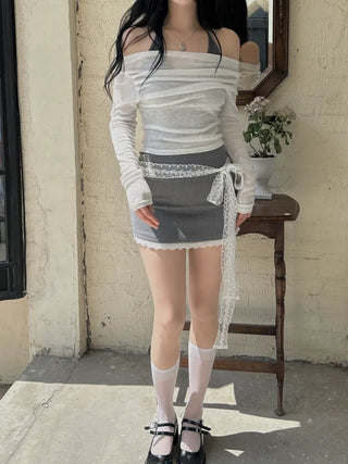 Sheer shirring back ribbon off-shoulder long-sleeved T-shirt