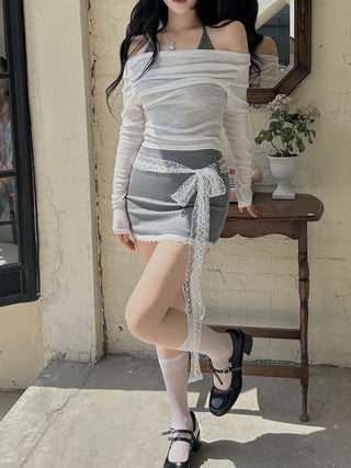 Sheer shirring back ribbon off-shoulder long-sleeved T-shirt