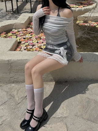 Sheer shirring back ribbon off-shoulder long-sleeved T-shirt