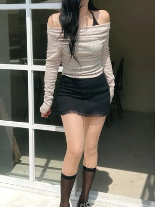 Sheer shirring back ribbon off-shoulder long-sleeved T-shirt