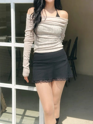 Sheer shirring back ribbon off-shoulder long-sleeved T-shirt
