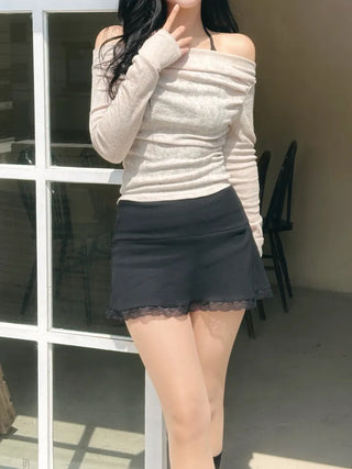 Sheer shirring back ribbon off-shoulder long-sleeved T-shirt