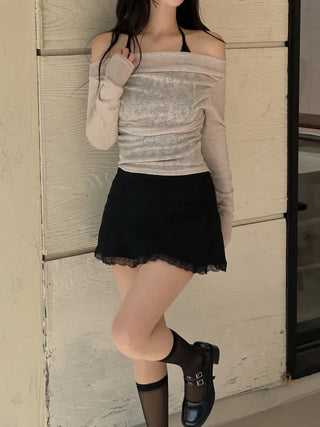 Sheer shirring back ribbon off-shoulder long-sleeved T-shirt