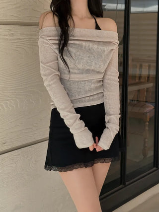 Sheer shirring back ribbon off-shoulder long-sleeved T-shirt