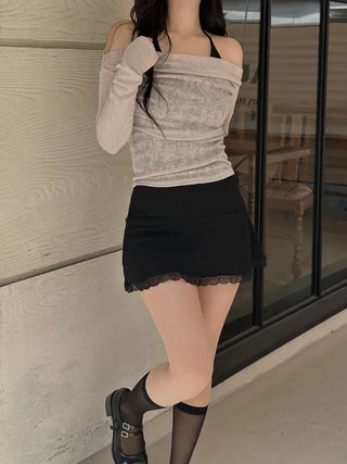 Sheer shirring back ribbon off-shoulder long-sleeved T-shirt