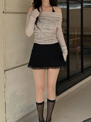 Sheer shirring back ribbon off-shoulder long-sleeved T-shirt