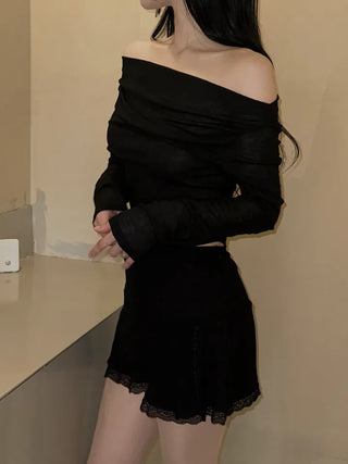 Sheer shirring back ribbon off-shoulder long-sleeved T-shirt