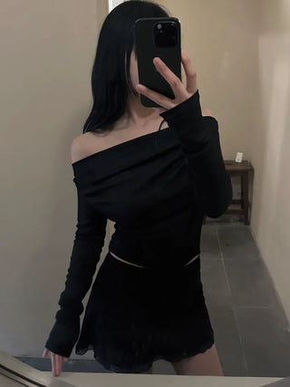 Sheer shirring back ribbon off-shoulder long-sleeved T-shirt